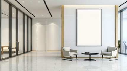 White ceo office interior with modern decor and blank poster on wall for customization, business environment with executive desk, ergonomic chair, and minimalist design elements
