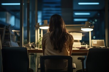Obraz premium A woman sits at a desk with a laptop and a plant