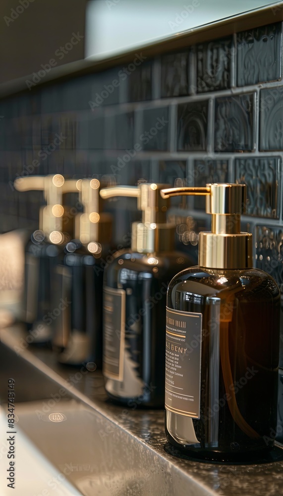Poster Four bottles of shampoo and conditioner lined up on a countertop in a modern bathroom. Generative AI