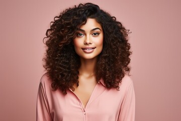A woman with curly hair is smiling and wearing a pink shirt