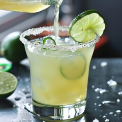 A spicy margarita being mixed with fresh lime juice and a salted rim , super realistic