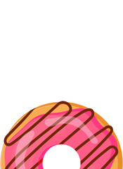Donut poster. Dessert donut with icing and sprinkles. Sweet pastries, pink glazed donut. Good for banner or poster cafe, bakery. Copy space. Vector illustration isolated on white background