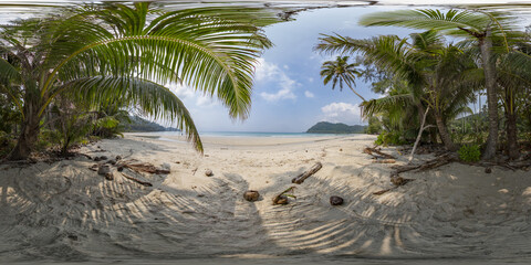 360 panoramic view of sandy beach with palm trees on tropical island in sea or ocean bay on sunny day.