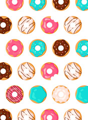 Donut poster. Set of Donuts with Chocolate, Strawberry, Vanilla and Mint Glaze. Poster, Brochure, Background, Banner, Card, Wallpaper, Pattern, Cover For Bakery. Vector illustration
