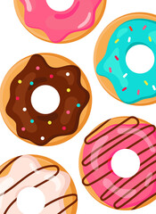 Donut poster. Trendy Donut Banner. Set of Donuts with Chocolate, Strawberry, Vanilla and Mint Glaze. Background, Card, Pattern, Cover For Bakery. Vector illustration