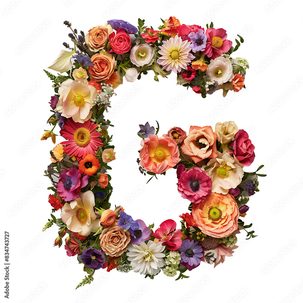 Fototapete elegant shot of text letters g crafted in flowers on a clean, isolated on transparent background