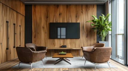 Beautiful defocused office background with panoramic view of modern office interior featuring contemporary furniture and sleek design elements in a professional workplace setting

