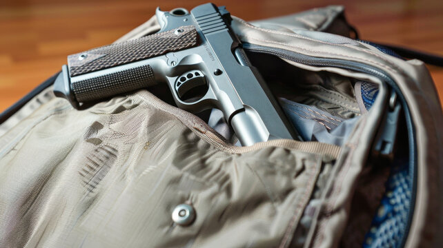 A gun concealed in a nondescript bag, super realistic