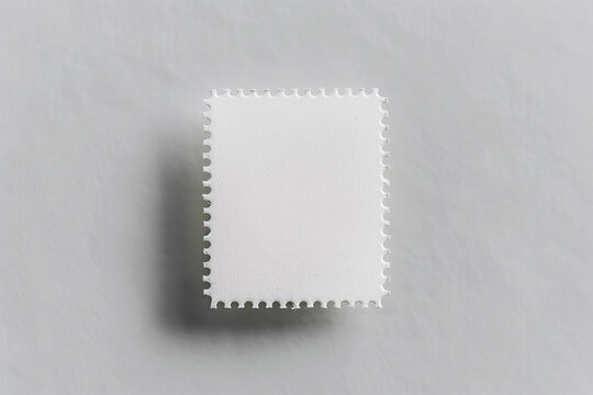 Blank white postage stamp mockup, beige background