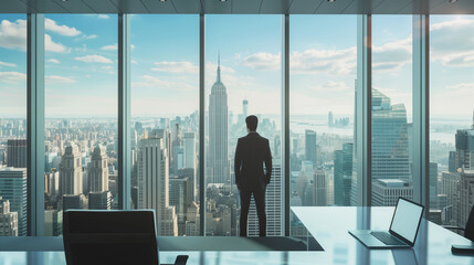 Fototapeta premium A man in a suit is sitting at a desk with a laptop in front of him. He is looking out the window at the city skyline. Concept of focus and productivity