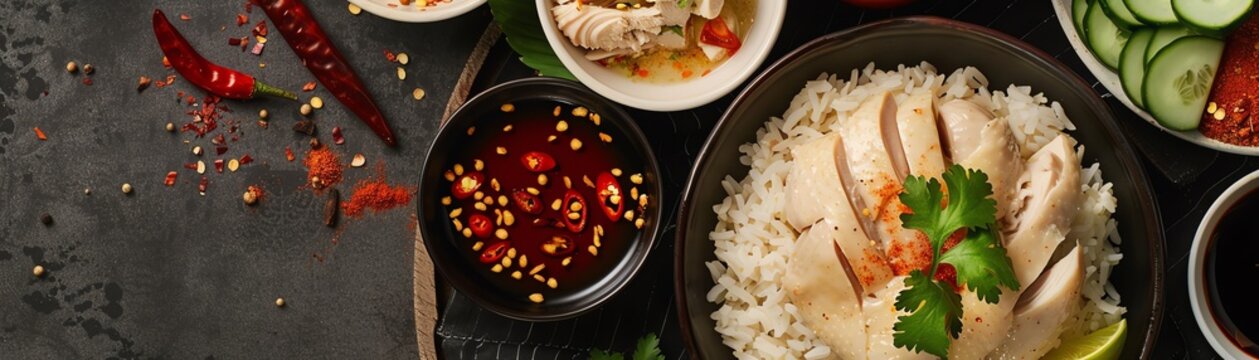 Hainanese chicken rice, poached chicken with fragrant rice, popular Singapore hawker center