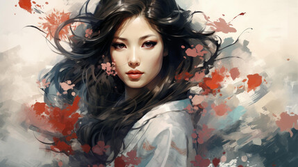 Fototapeta premium Stunning illustration of an Asian woman showcasing beauty and elegance.