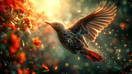 A bird is flying through a field of red flowers. The bird is surrounded by a lot of sparkles, which gives the image a dreamy and ethereal quality