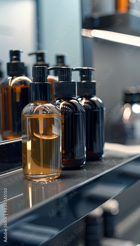 Poster A close-up image of four sleek bottles of shampoo and conditioner on a modern bathroom shelf. Generative AI