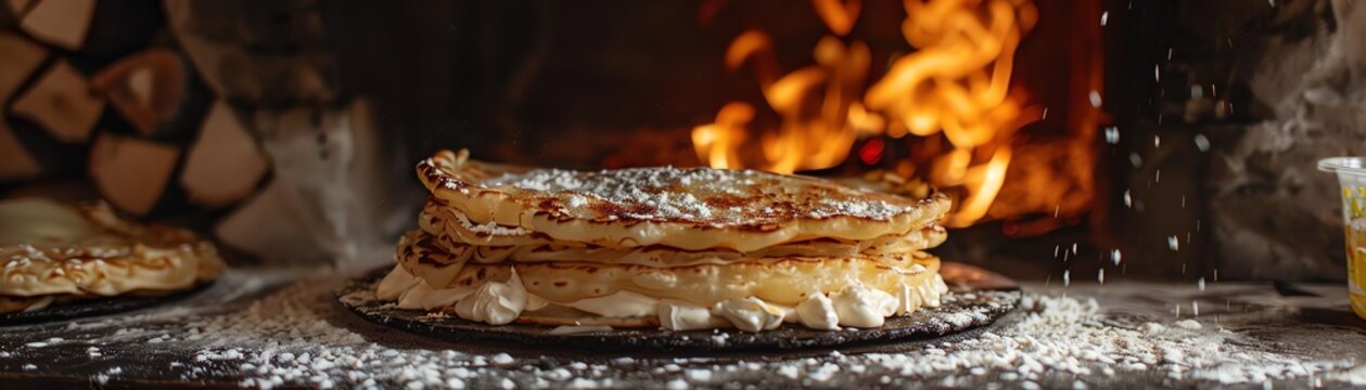 Kosovar flija, layered pancake with cream, cooked over an open flame, rural setting, traditional stone oven, family gathering