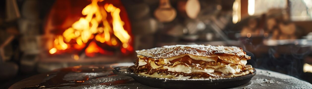 Kosovar flija, layered pancake with cream, cooked over an open flame, rural setting, traditional stone oven, family gathering