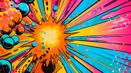 Comic-style explosion with vibrant rays and dynamic shapes, inspired by pop art. 