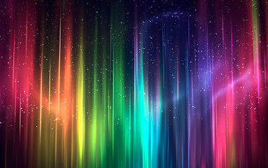 A mesmerizing display of colorful abstract light beams resembling the aurora borealis against a dark starry background. The vibrant spectrum of colors creates a magical, cosmic atmosphere