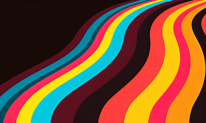 Multicolored retro wavy lines in red, yellow, orange, and blue on a dark background. Dynamic curves create movement and energy, ideal for modern designs. Isolated on black.