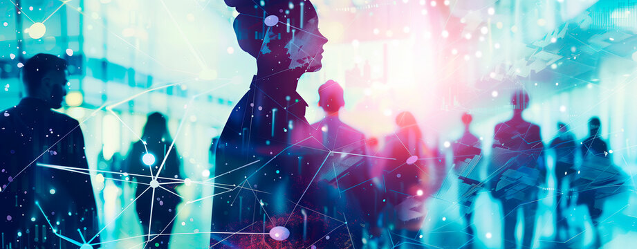 Abstract image of people in a modern urban environment with blue and pink tones, symbolizing career and job opportunities. The silhouettes and digital connections convey a futuristic and dynamic work.