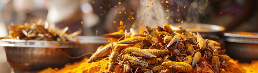Locusts, fried and seasoned with turmeric, street food in East Africa, local market scene