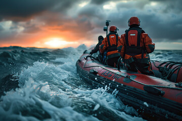 Rescuers sail on an inflatable boat in cloudy weather at sea. Generated by artificial intelligence