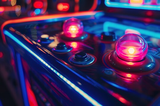 Brightly lit controls of a pinball machine, evoking nostalgic arcade vibes. - Powered by Adobe