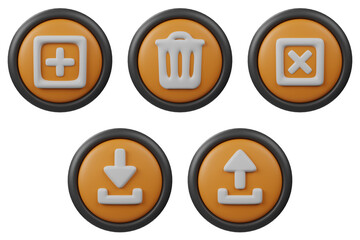 3D Set Button Icon Upload, Download, Close, and Add with Orange Color and Black Border for Creative User Interface and web design button
