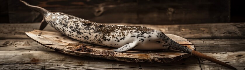Obraz premium Narwhal blubber, eaten raw, traditional Inuit community meal in Arctic Canada