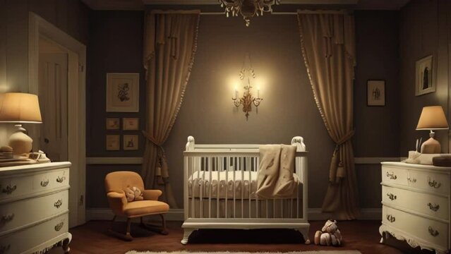 A baby room with a vintage theme and combined with a white bed and a sofa beside it