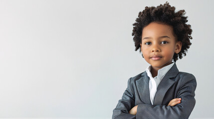 A cute, happy and confidence young African American black boy dresses like a businessman on a plain white background with copy space for text. - Powered by Adobe