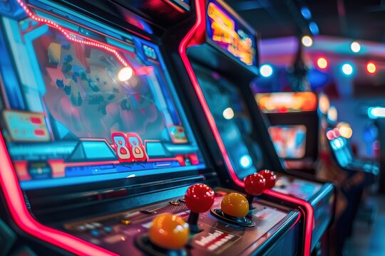 Colorful arcade machine with glowing lights in a game room. - Powered by Adobe