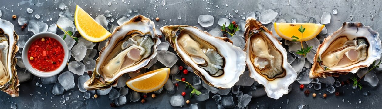 Oysters on the half shell, served with lemon and mignonette sauce, chic Parisian seafood bar