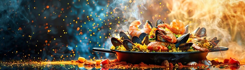 Paella, rich and colorful Spanish rice dish with seafood, vibrant Valencia festival