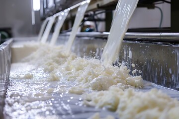 Industrial pipes pouring milk into a large vat in a dairy factory.