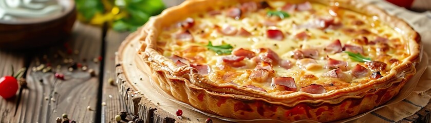 Quiche, filled with ham and cheese, served at a French countryside picnic