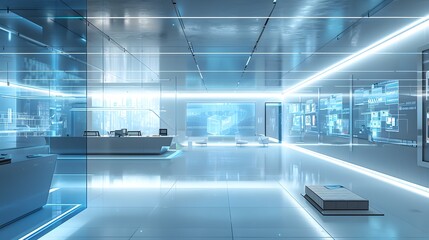 Futuristic and Collaborative Innovation Lab with Interactive Digital Displays and 3D Modeling Areas