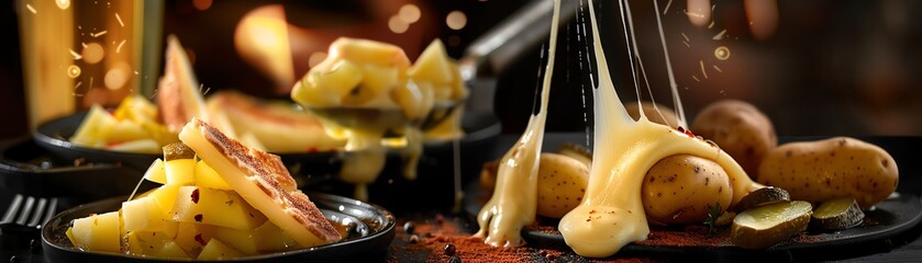 Raclette, melted cheese scraped onto potatoes and pickles, cozy Swiss mountain lodge