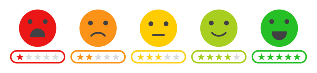Feedback emoji vector illustration. Rating emoji icon set in different color. Star rating and emoji rating vector icon.
