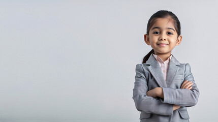 A cute, happy and confidence young Indian girl dresses like a businessman on a plain white background with copy space for text.