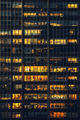 An office building at night, filled with glowing windows like the lights of an urban cityscape, captures the symmetrical arrangement and grid effect. 