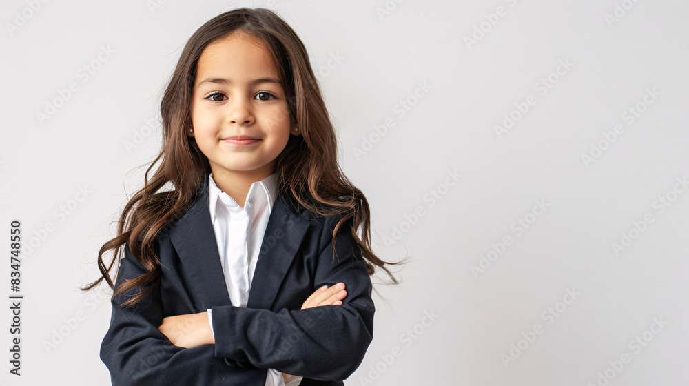 Wall mural a cute, happy and confidence young latin girl dresses like a businessman on a plain white background