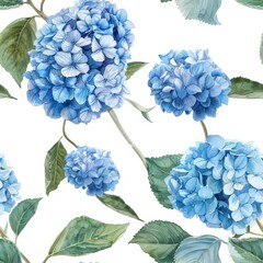 Seamless pattern of blue hydrangea flowers with green leaves on a white background. Perfect for textiles, wallpapers, and decor.