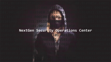 Cyber attack nextgen security operations center text in foreground screen, anonymous hacker hidden...