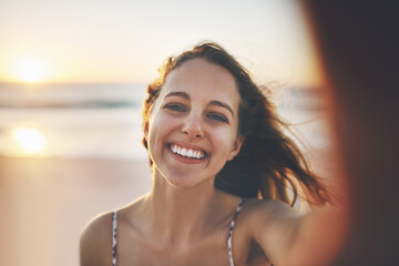 Girl, portrait and selfie on beach with sunset for memory, profile picture update and travel blog...