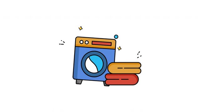 animated cartoon washing machine and clothes stack for laundry service advertisements. Perfect for household cleaning product brochures and appliance guides, with transparent background