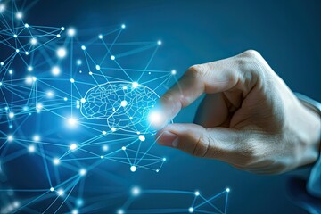 index finger of businessman touching a glowing brain and network connection on blue background 