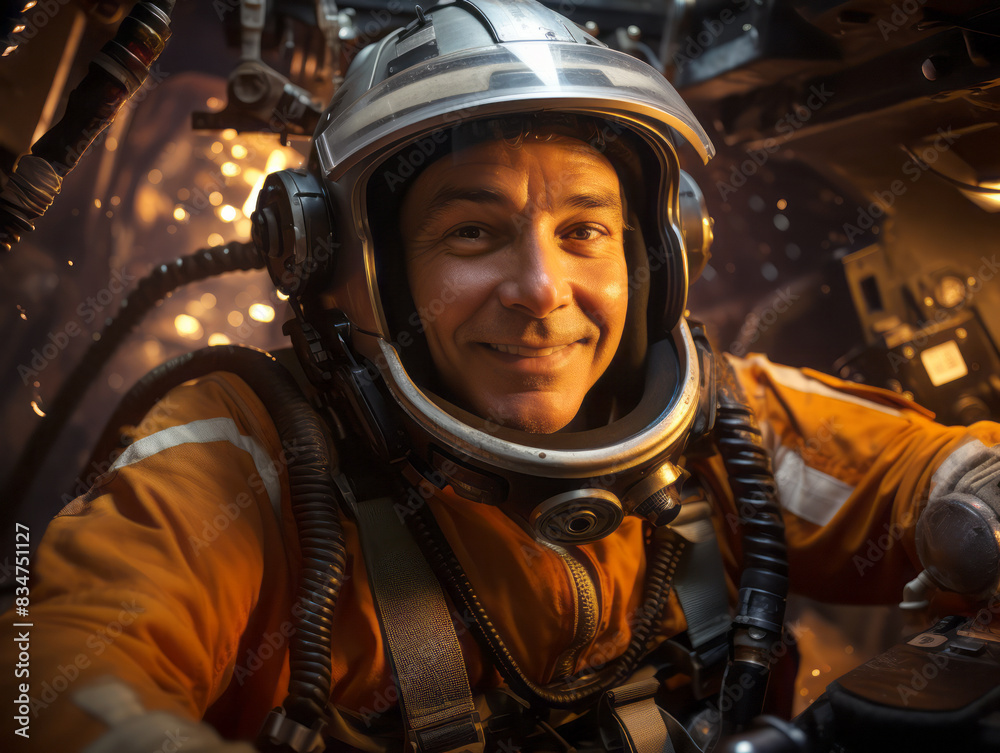 Aufkleber A smiling astronaut in a space suit against a spacecraft background, capturing the concept of space exploration. Generative AI