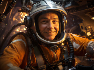 A smiling astronaut in a space suit against a spacecraft background, capturing the concept of space exploration. Generative AI