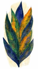 Watercolor painting of a colorful leaf with vibrant hues of green, blue, and yellow. Abstract botanical artwork on white background.